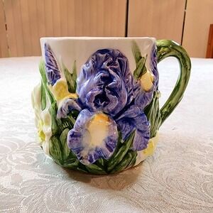 Vintage Nantucket Home Majolica Style Raised Iris Mug Purple Floral Ceramic 4in